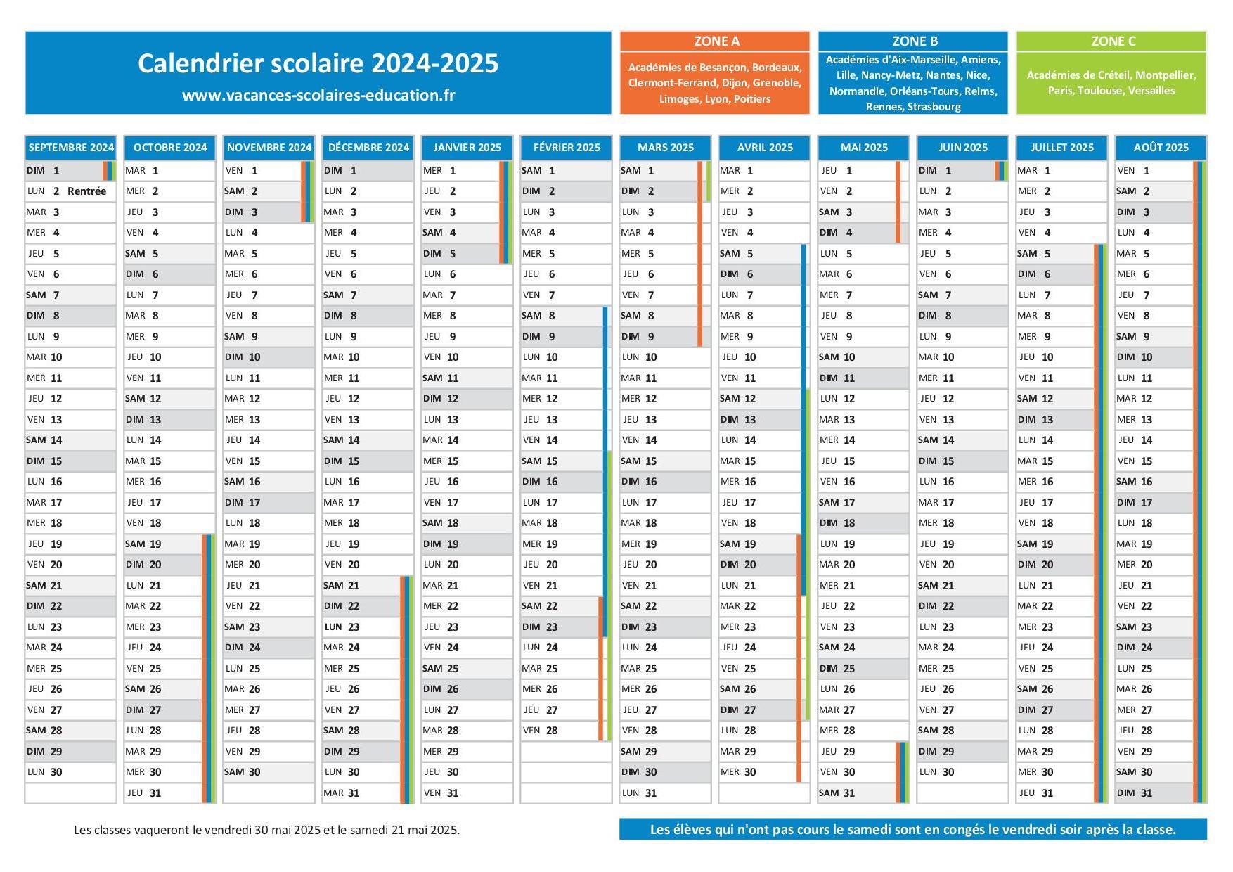 Calendrier scolaire 2024 2027